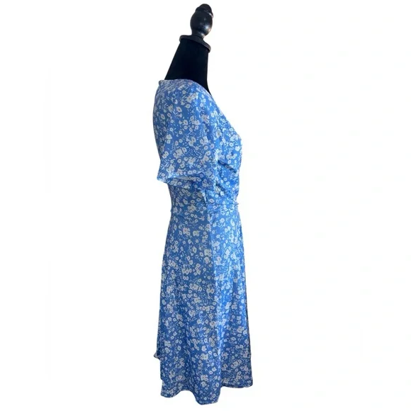 Fensace Blue Floral Sundress Midi V-neck wrap Dress - Picture 4 of 9